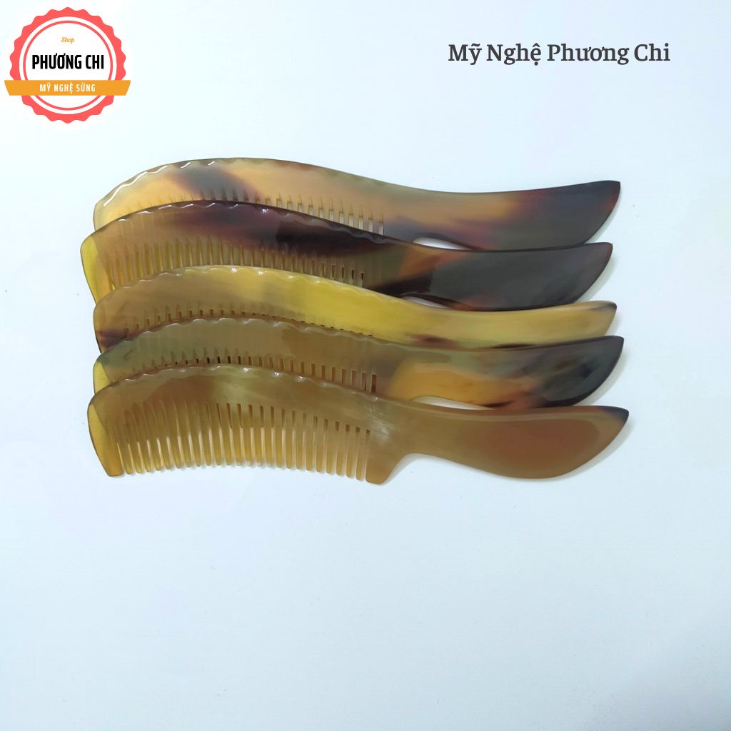 Lược sừng trâu chuôi chéo trơn trắng nưa dài 19cm, lược chải tóc gỡ rối massage đầu | Mỹ nghệ phương chi