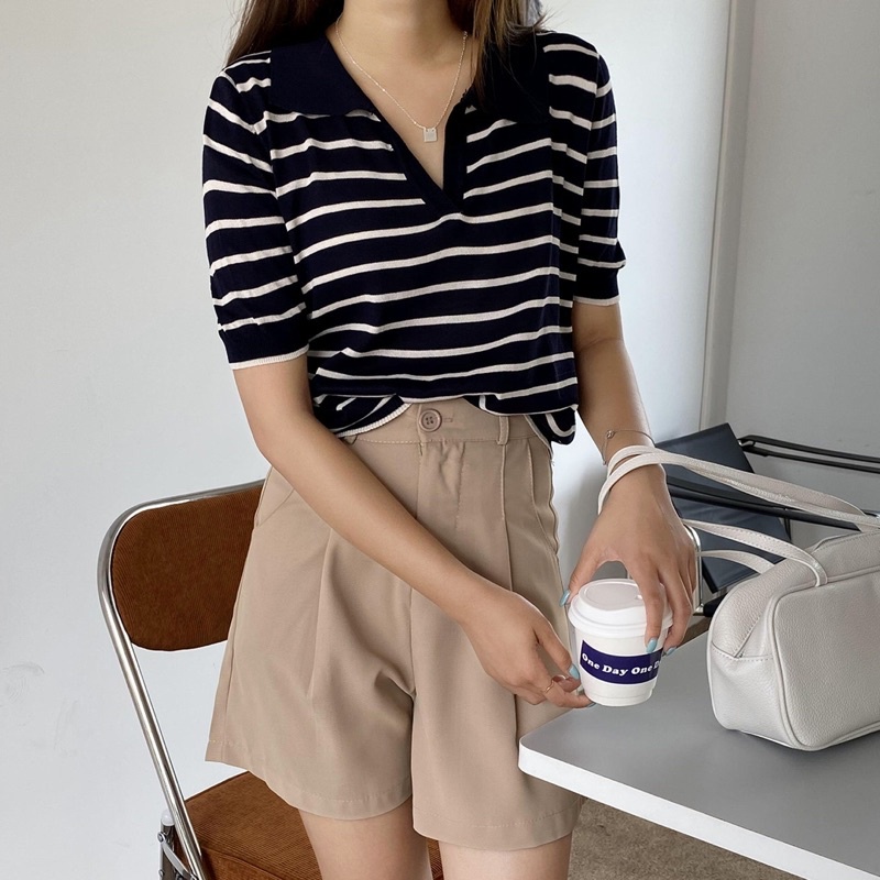 áo polo cổ mở kẻ