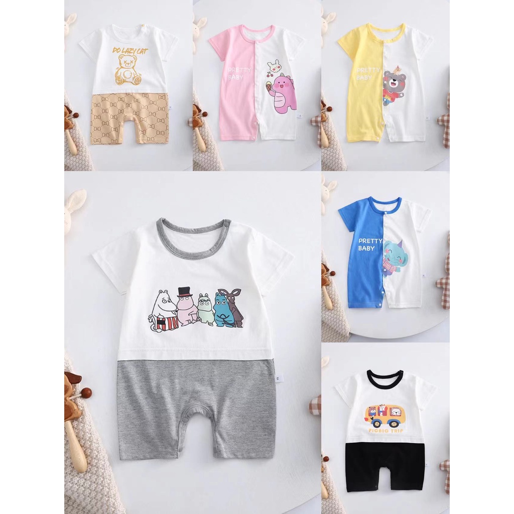 Bộ Áo Liền Quần Tay Ngắn Bằng Cotton Giả Nhiều Màu In Họa Tiết Động Vật Hoạt Hình Cho Bé Sơ Sinh 0-24 Tháng