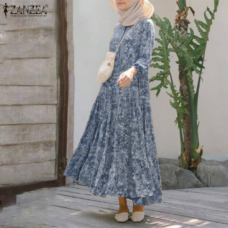 Đầm Maxi ZANZEA Tay Dài In Họa Tiết Phong Cách Nữ Hồi Giáo Thời Trang