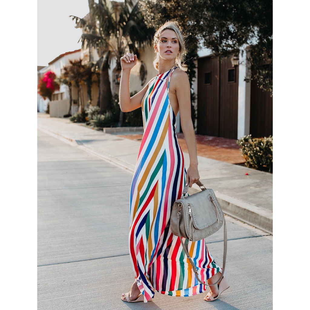 Đầm Maxi Cổ Yếm Họa Tiết Kẻ Sọc Màu Cầu Vồng Thời Trang Cho Nữ 2022 S-M-L-XL-XXL