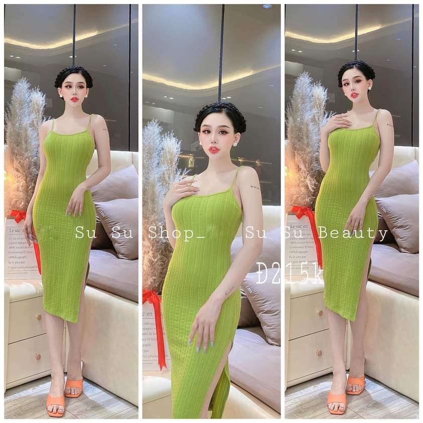 Đầm xốp 2 dây ôm body xẻ tà trơn cực xinh , chất thun xốp dày dặn