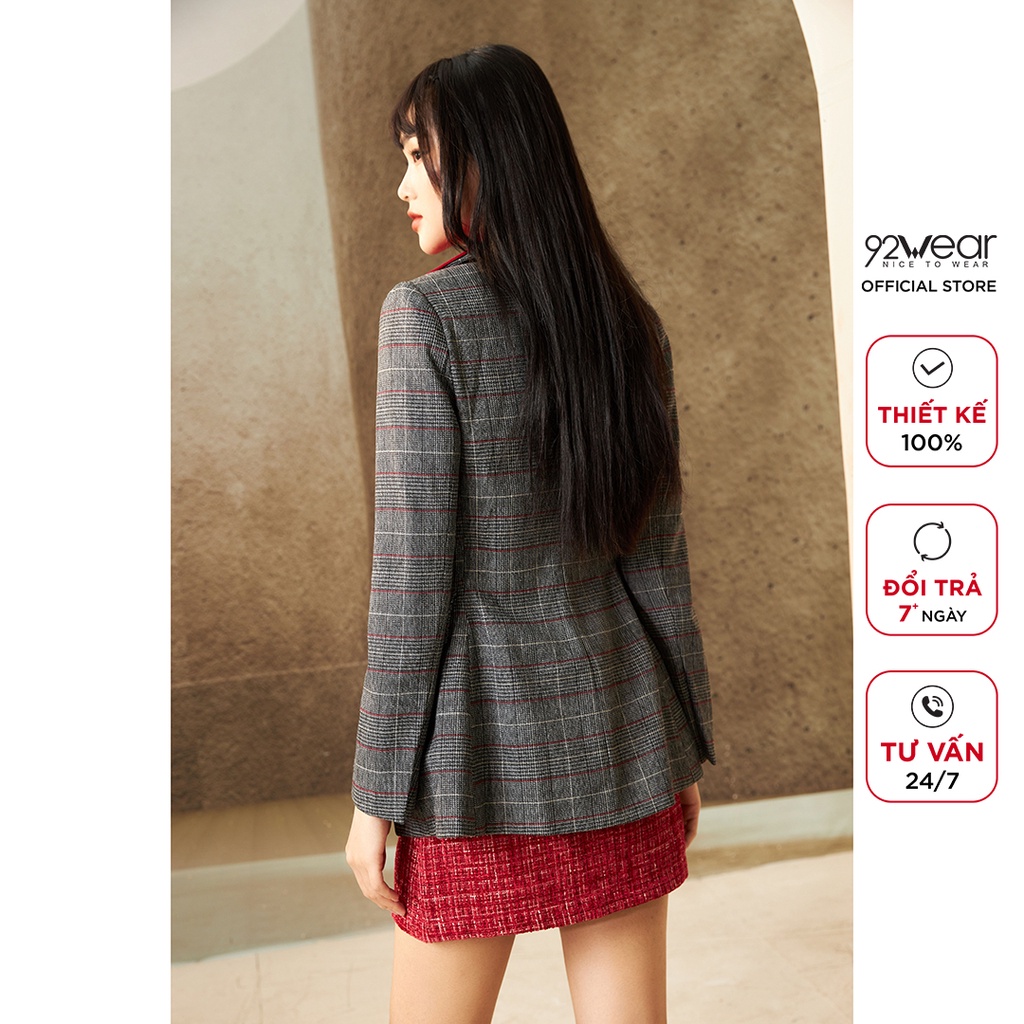 Áo vest nữ kẻ dài tay túi ốp 92WEAR, thiết kế hàn quốc cổ bẻ thanh lịch, trẻ trung VDA1799 | BigBuy360 - bigbuy360.vn