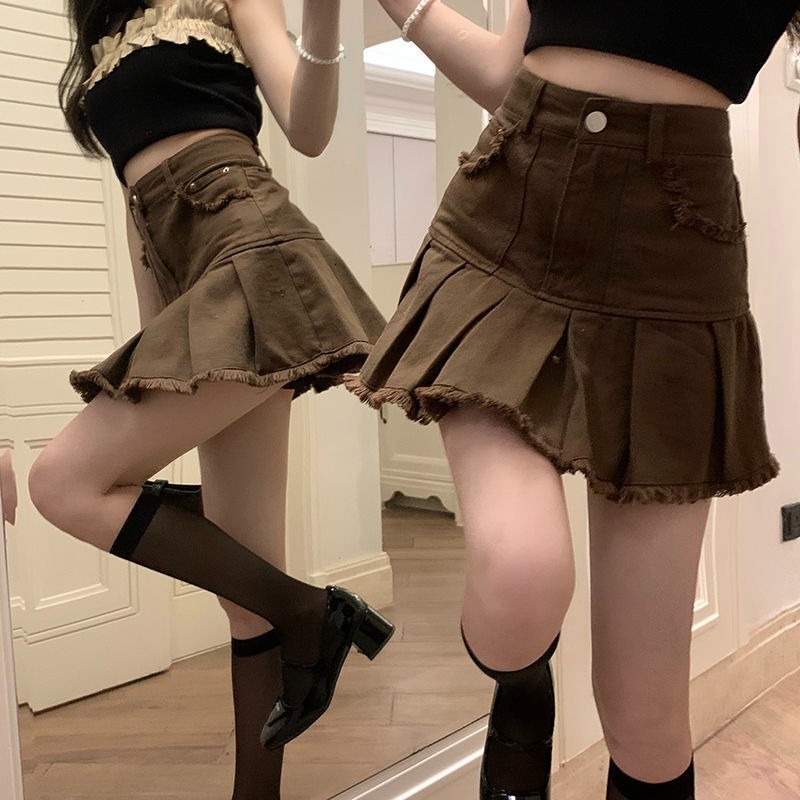 Chân váy jean Ngắn Lưng Cao Xếp Ly Màu Nâu Thời Trang Mùa Hè Hàng Mới Dành Cho Bạn Nữ