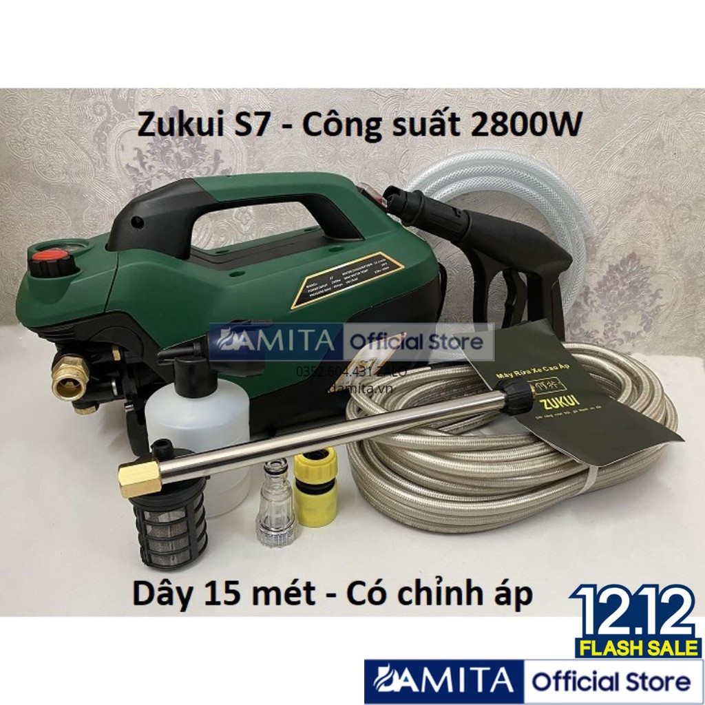 FREESHIP Máy xịt rửa xe chỉnh áp Zukui S7 - 2800W - Dây 15 mét - Tặng bình phun xà bông + thân nối dài