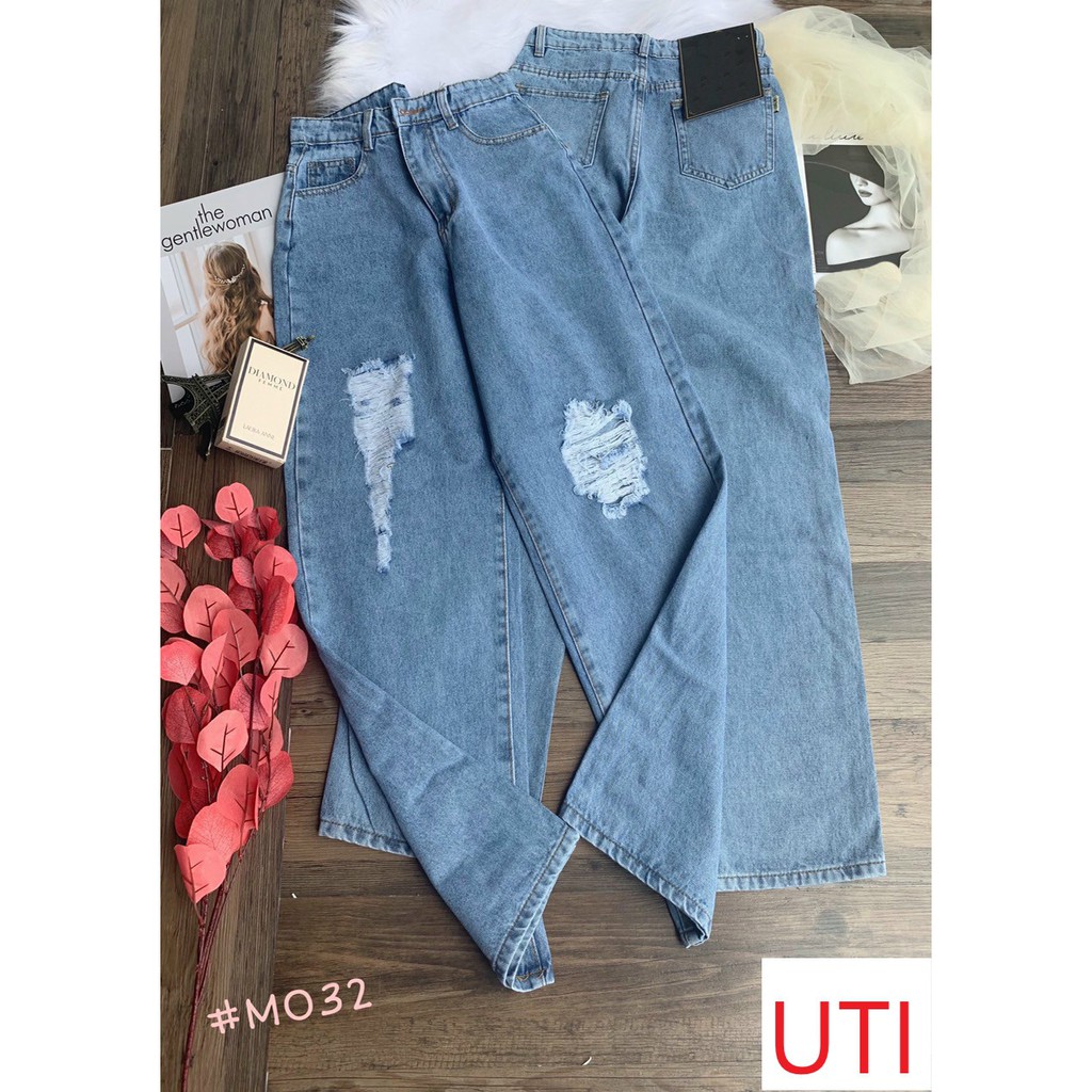 QUẦN JEAN ỐNG RỘNG NỮ RÁCH 2 MẢNG TO LƯNG CAO MÀU XANH NHẠT LAI CUỐN CAO CẤP UTI ĐỦ SIZE S, M, L SIÊU XỊN SÒ, MÁT MẺ