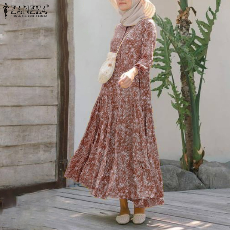Đầm Maxi ZANZEA Tay Dài In Họa Tiết Phong Cách Nữ Hồi Giáo Thời Trang