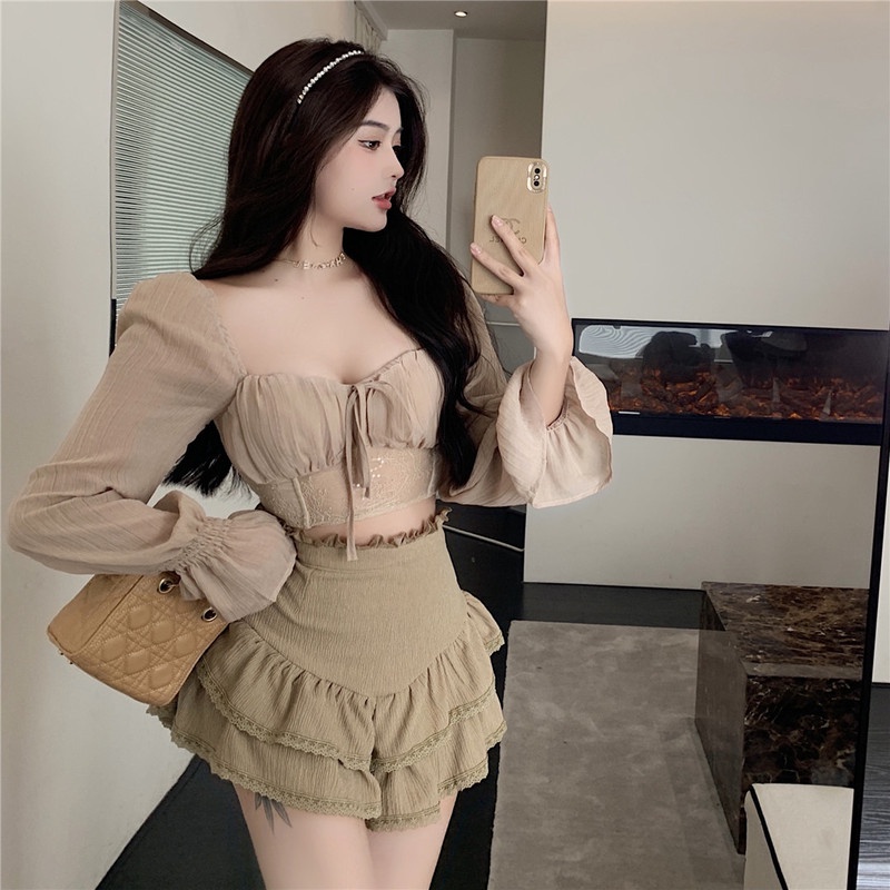 Bộ Áo Cổ Vuông Phối Ren + Chân Váy Ngắn Lưng Cao Thời Trang Mùa Thu Cho Nữ