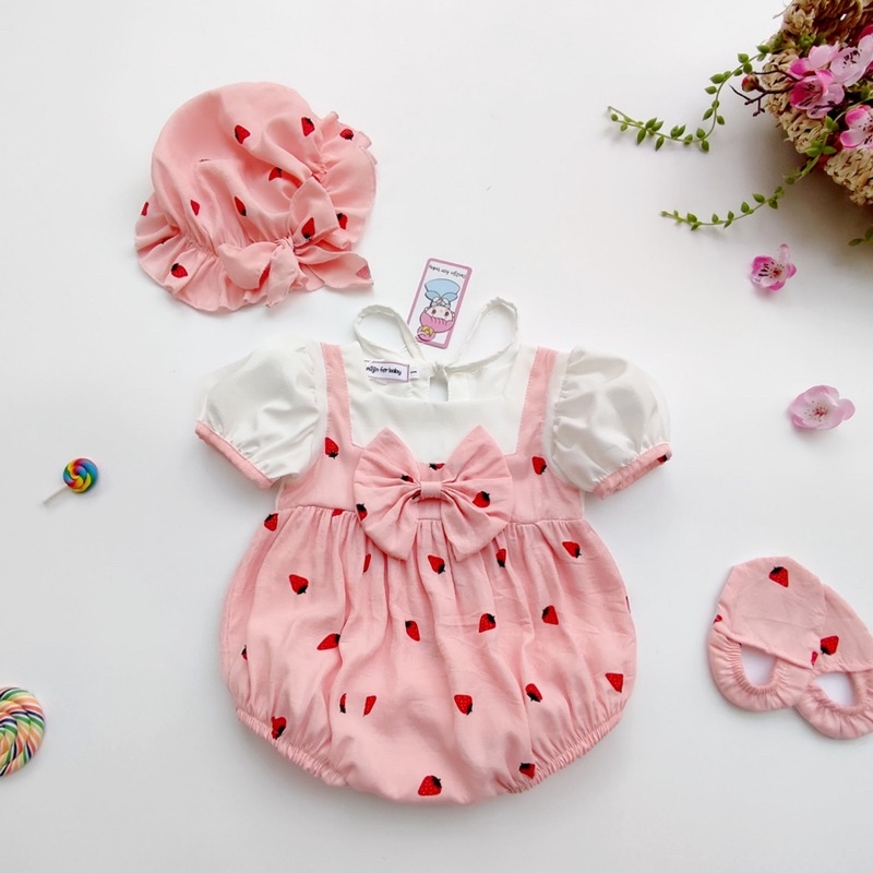 Bodysuit, Bodychip, Bộ Liền Potato Kids Màu Hồng Họa Tiết Kẹo Và Dâu Tây XInh Xắn Cho Bé (tặng kèm phụ kiện như hình)