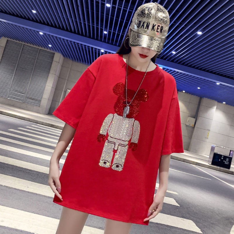 Trendy brand heavy industry hot diamond pure cotton short sleeve t-shirt for women 2022 new bright diamond half sleeve top