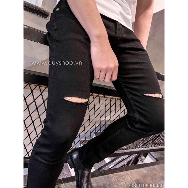 Quần jeans nam ĐEN TRƠN - RÁCH ĐÙI, Quần jean dáng Skinny & Slim Fit Ống Côn Co Dãn Tôn Dáng cao cấp