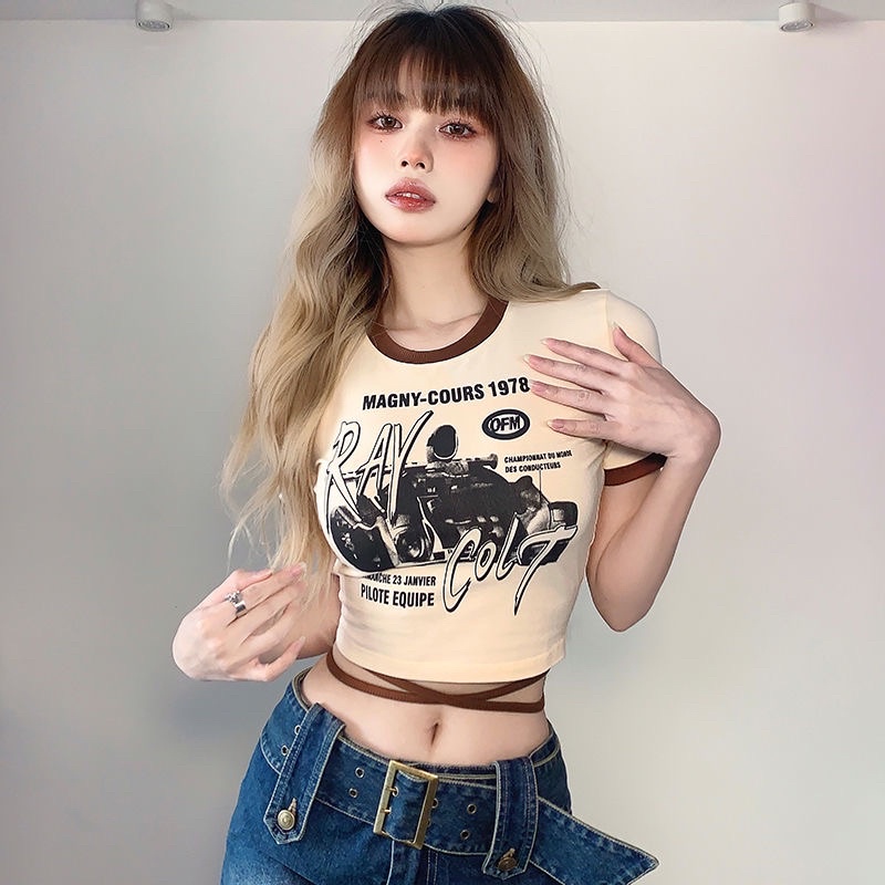 Áo Croptop Tay Ngắn Dáng Ôm Cột Dây In Họa Tiết Phong Cách Ullzang