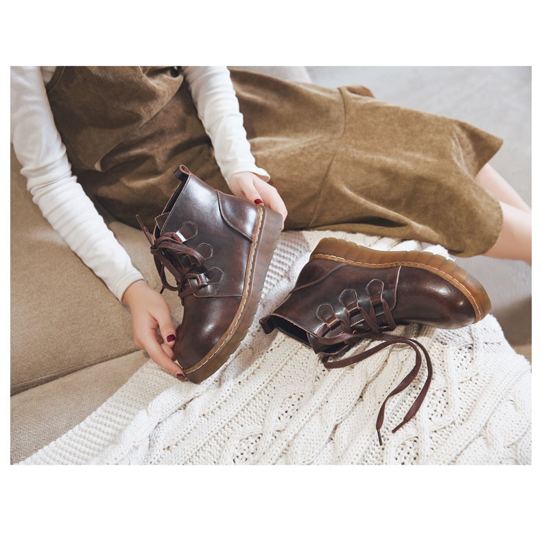 Giày bốt Martin phong cách Nhật Bản gót thấp 3cm màu trơn ❤Có màu nâu và đen❤