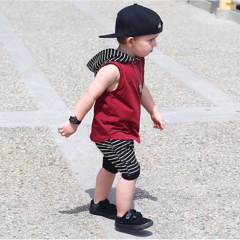 Set áo hoodie không tay + quần đùi họa tiết sọc đáng yêu cho bé trai