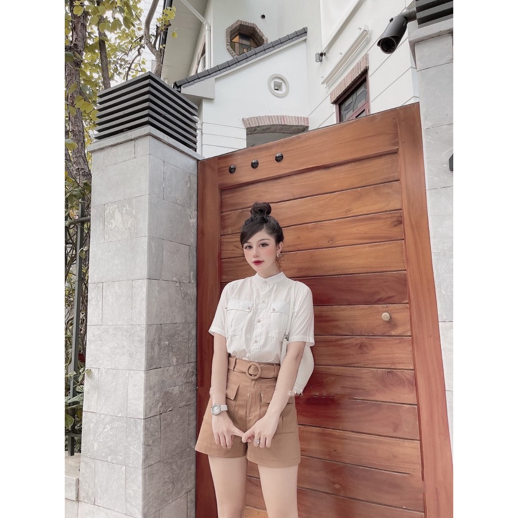 Set đồ nữ siêu xinh MALY SET gồm áo trắng cổ trụ và quần short nâu kèm đai, set bộ nữ trẻ trung sang trọng