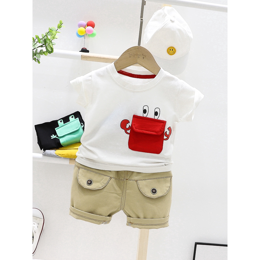 Set áo thun tay ngắn trang trí hoạt hình kèm quần short cotton thời trang mùa hè cho bé 0-5T