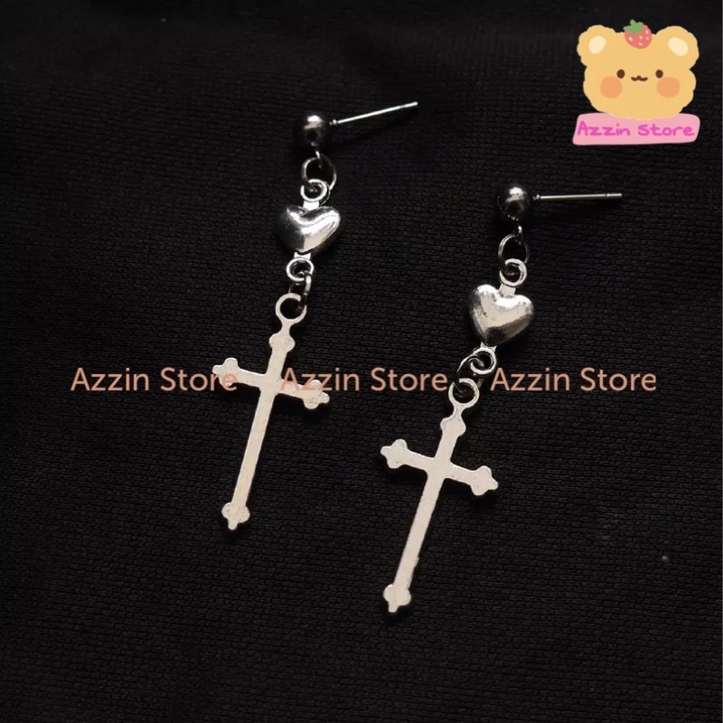 Khuyên Tai Trái Tim Thánh Giá Phong Cách Cổ Điển Azzin Store