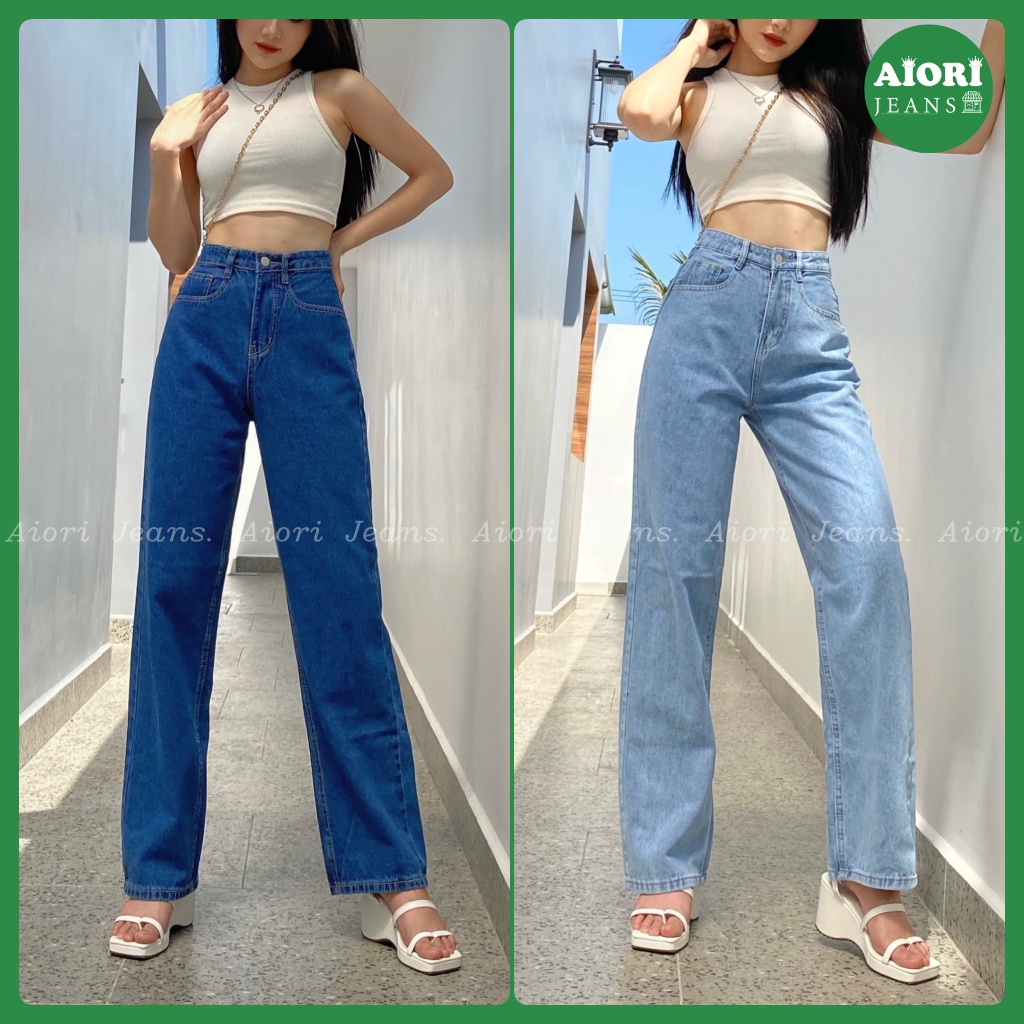 Quần Jeans Nữ, Quần Bò Nữ Aiori Ống Rộng Cạp Cao Trơn Kiểu Bò Suông Phong Cách Thời Trang Hàn Quốc Ulzzang_Mã 004