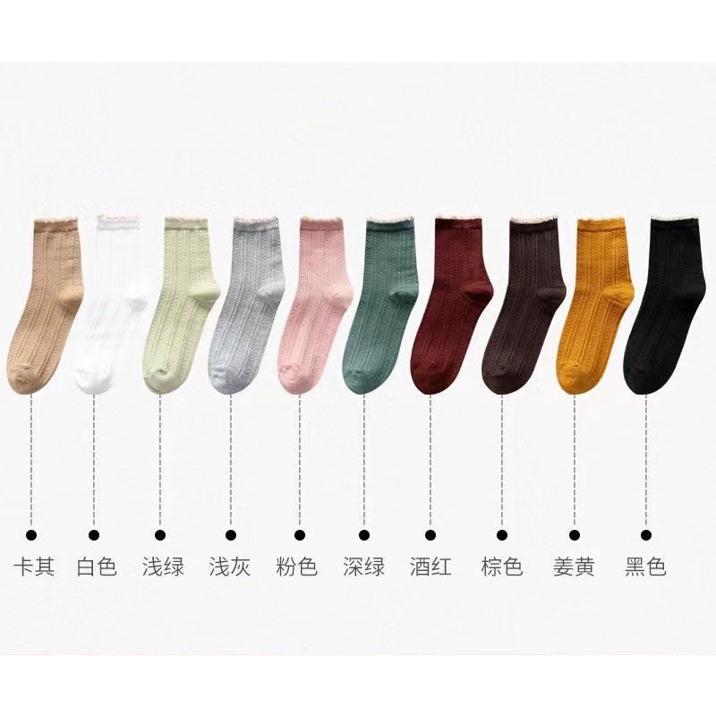 Tất cotton ống vừa phối ren màu trơn phong cách đơn giản linh hoạt cho nữ