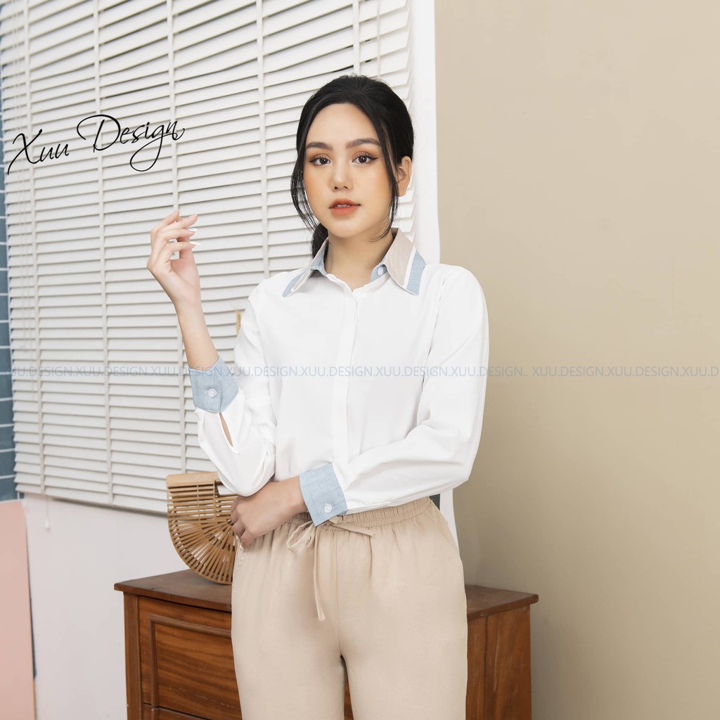 Áo sơ mi nữ công sở Xuu, chất lụa tay dài phối cổ - SP21 dai tay