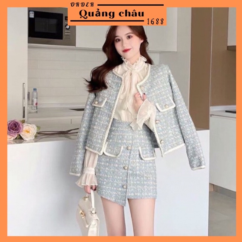 Sét Áo Váy Dạ Tweed xinh. Áo khoác Dạ kèm Chân Váy Lệch Vạt Hàng Qc cao cấp