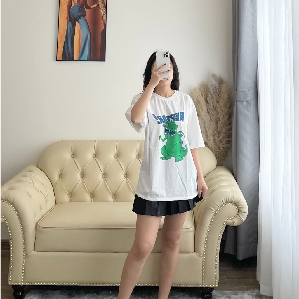 Áo thun nữ / Áo phông nữ tay lỡ form rộng freesize in hình khủng long xanh
