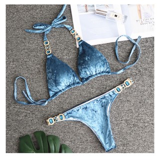 [BKN305] <ÂU> SET BIKINI XANH BLUE NHUNG MIX ĐÁ