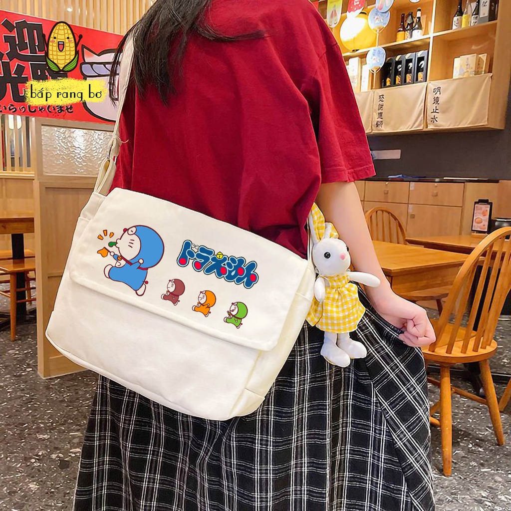 TÚI VẢI ĐEO CHÉO DORAEMON CÓ TÚI CON ĐỂ SÁCH A4 TOTE CANVAS ĐI HỌC ĐI CHƠI