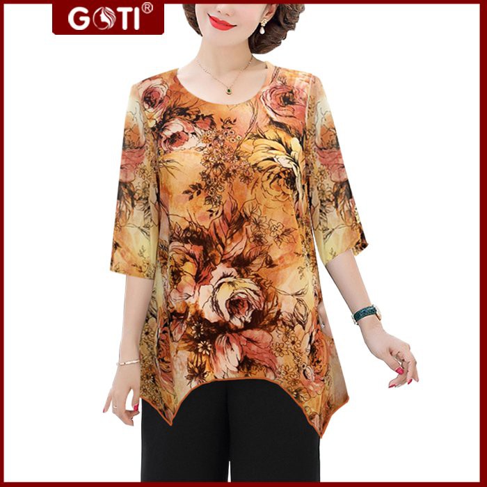 GOTI – Áo Trung Niên Dáng Rộng Tay Lỡ Vải Voan 2 Lớp Cao Cấp Tặng Mẹ U50 U60 3A14 3A08