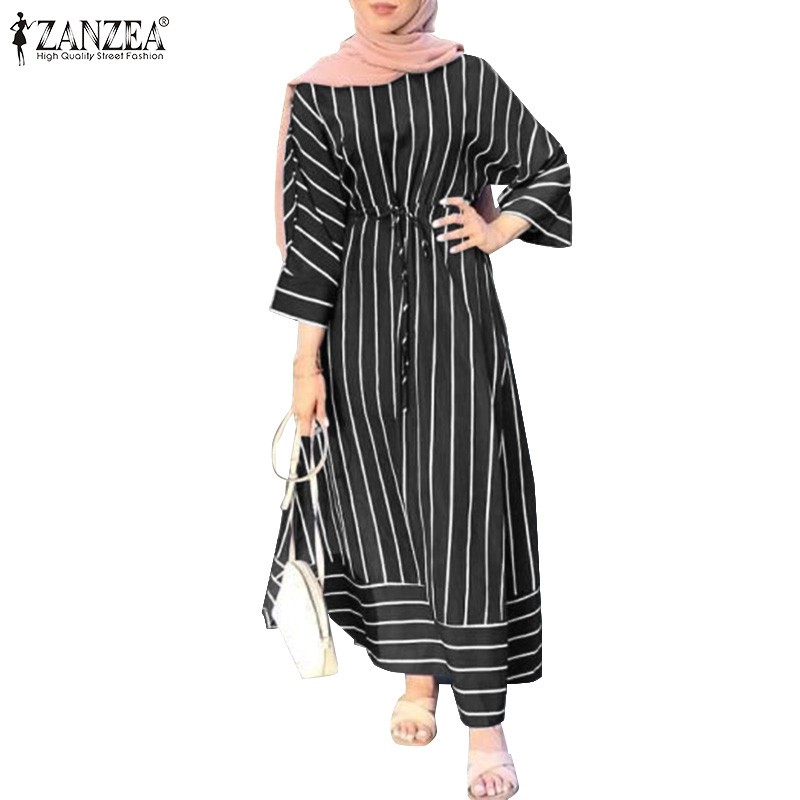 Đầm Maxi ZANZEA Tay Lỡ 3 / 4 Họa Tiết Sọc Ngang Thanh Lịch Cho Phụ Nữ Hồi Giáo