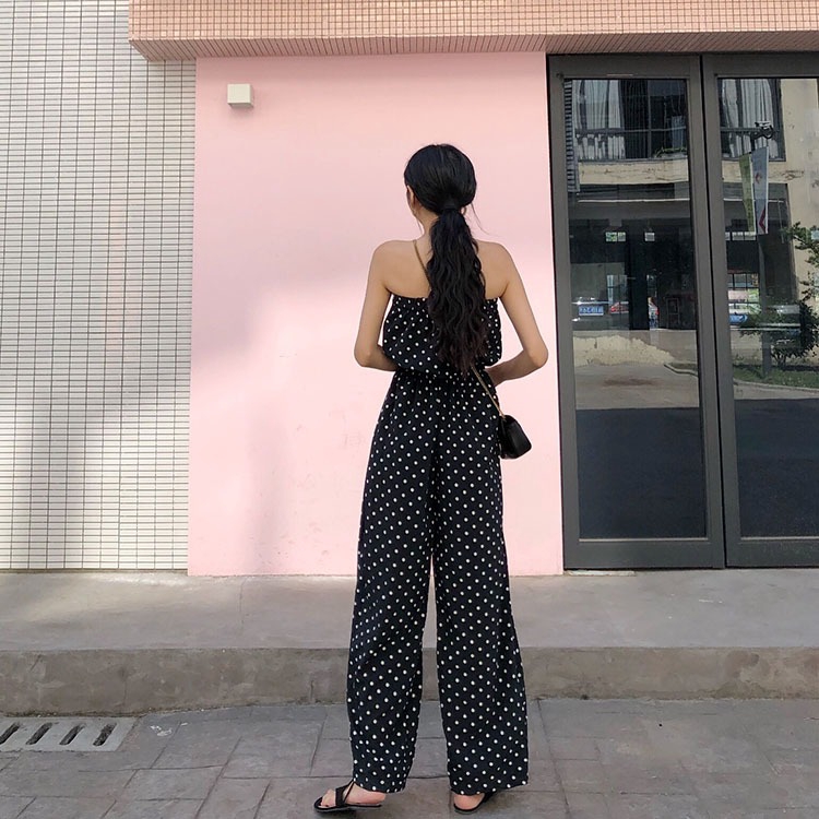 Jumpsuit Lưng Cao Ống Rộng Họa Tiết Chấm Bi Phong Cách Retro