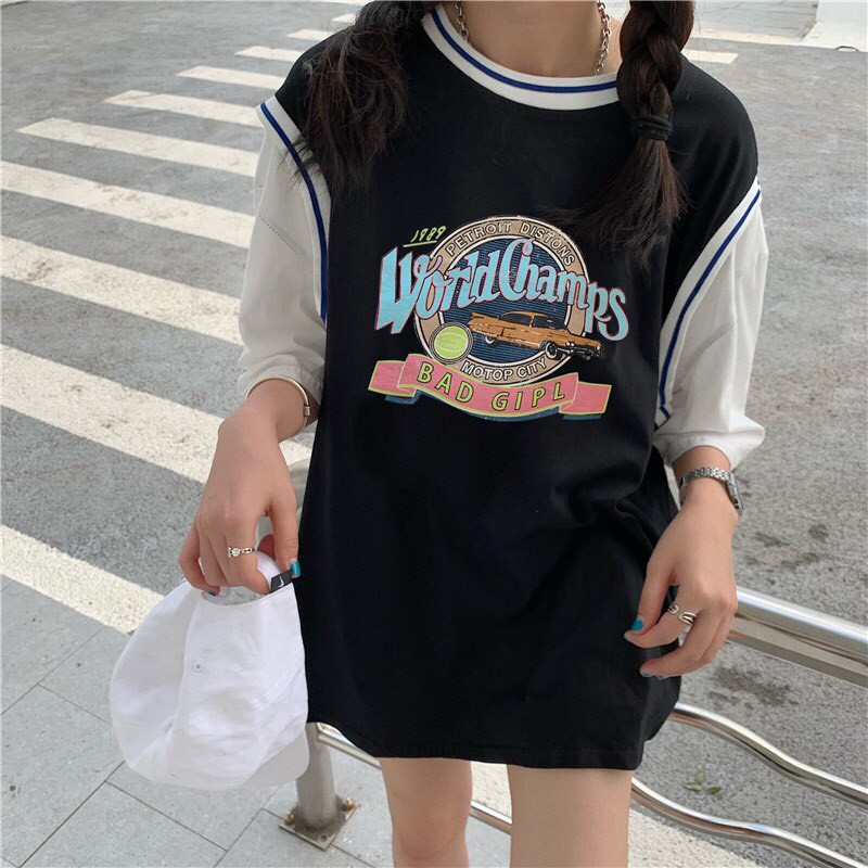 Áo thun form thụng tay lỡ phong cách ulzzang phối màu in chữ WORLD CHAMPS