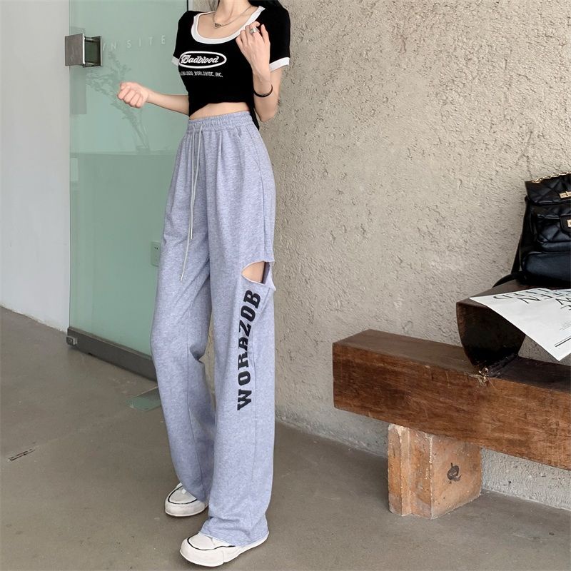 COZOK Set Áo Thun Ngắn Tay In Chữ + Quần Ống Rộng Rách Cá Tính Cho Nữ