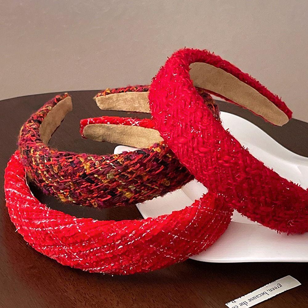 ANEMONE Băng Đô Cài Tóc Dệt Kim Bản Rộng Màu Đỏ Mừng Năm Mới Cho Cô Dâu