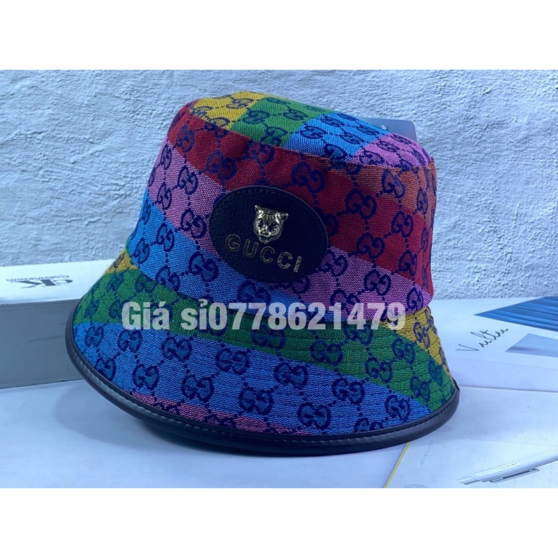 Mũ vành bucket - nón bo GC viền da logo sói sắt sành điệu thời trang nữ