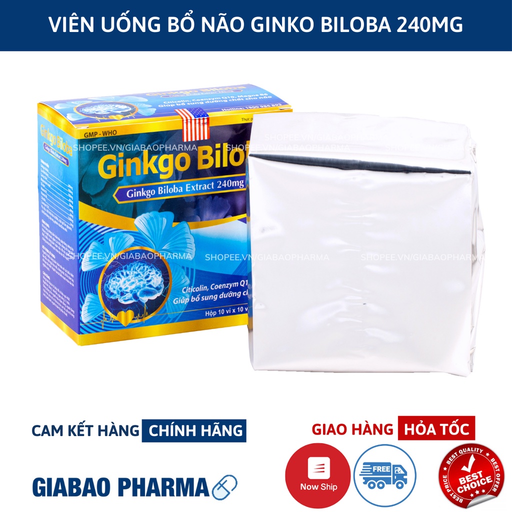 Viên uống bổ não GINKGO BILOBA 240mg xanh giúp tăng cường trí nhớ, tăng tuần hoàn máu não, ngừa tai biến – HỘP 100v