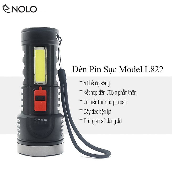 Đèn Pin Sạc LED OSL COB Siêu Sáng 4 Chế Độ Sáng Model L822 Dung Lượng Pin 700mah Có Đèn Báo Mức Pin Vỏ Nhựa ABS