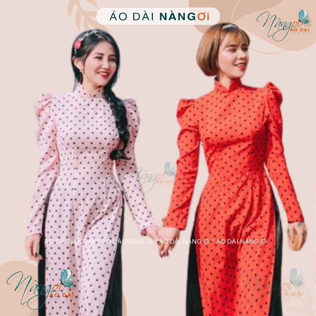 Áo dài chấm bi tay phồng - Áo dài truyền thống vai bồng lụa đẹp chụp hình xinh