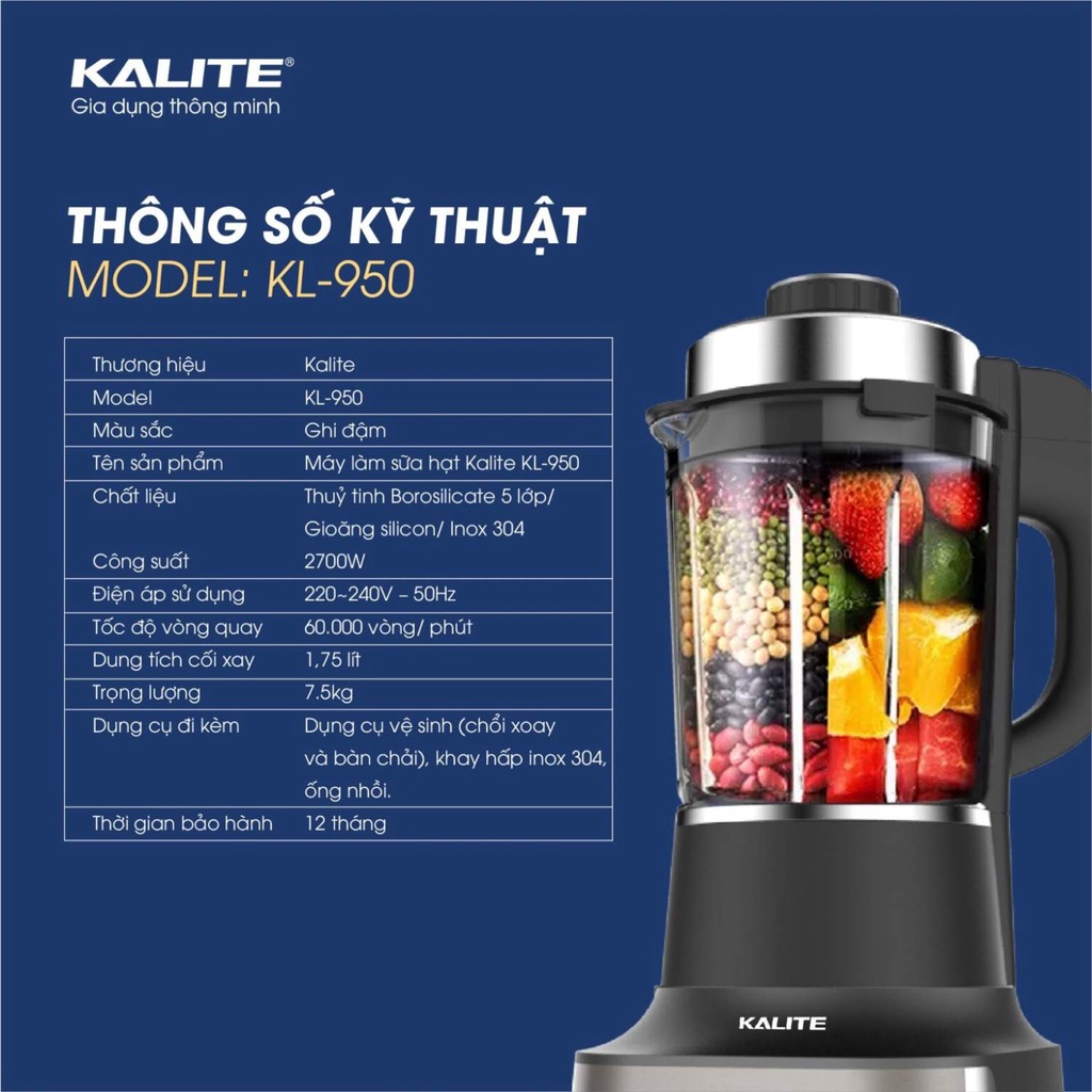 Máy làm sữa hạt đa năng Kalite KL950 công suất 2700W dung tích 1.75L công nghệ cảm ứng chống trào, bảo hành 12 tháng
