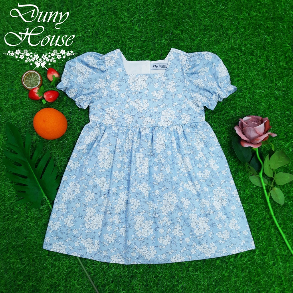 Váy cho bé gái Duny House thô hoa 100% cotton, cổ vuông, thân trên 2 lớp, tay bồng nhún thun xinh xắn