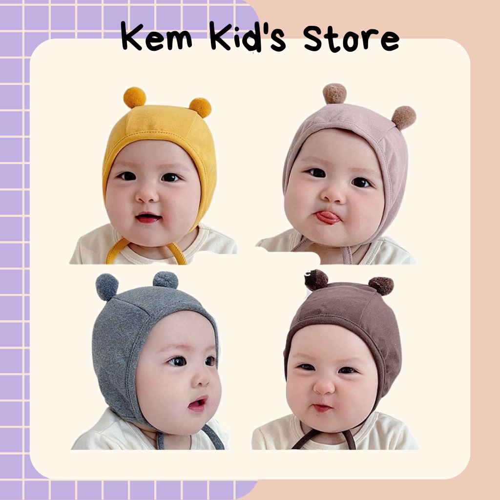 Mũ Nón Len Cotton Cục Bông, Tai Mèo Có Dây Buộc Cho Bé Trai Bé Gái Từ 0-2 Tuổi