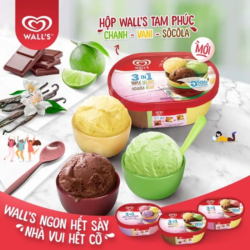 KEM HỘP WALL'S 3 TRONG 1 CÁC LOẠI 840ML