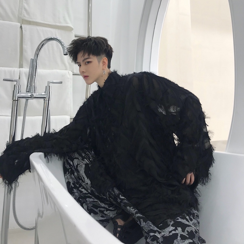 Áo Sơ Mi Dài Tay Xuyên Thấu Hình Lông Vũ Thời Thượng Phong Cách Phương Tây Cho Nam DJ