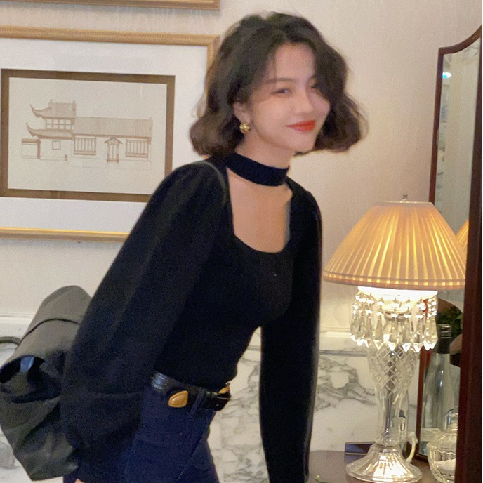 SUXI Áo dài tay khoét ngực cổ vuông thiết kế mới thời trang phong cách Hàn quốc cho nữ