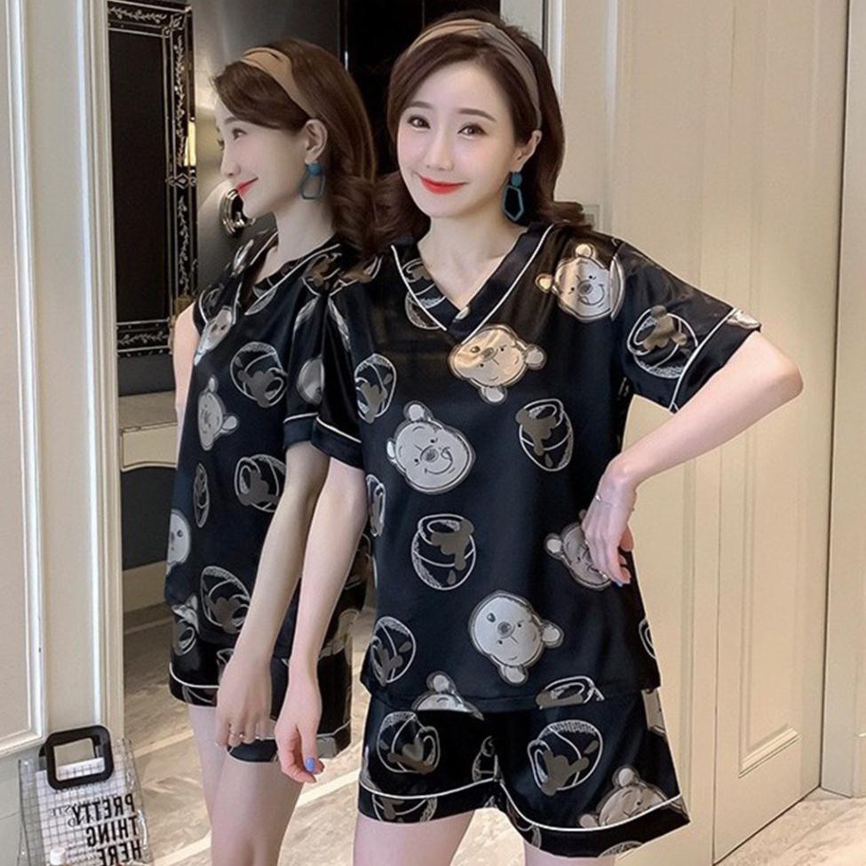 Quần áo ngủ,  Bộ ngủ pijama gấu Pooh đen ngắn tay cổ tim | BigBuy360 - bigbuy360.vn