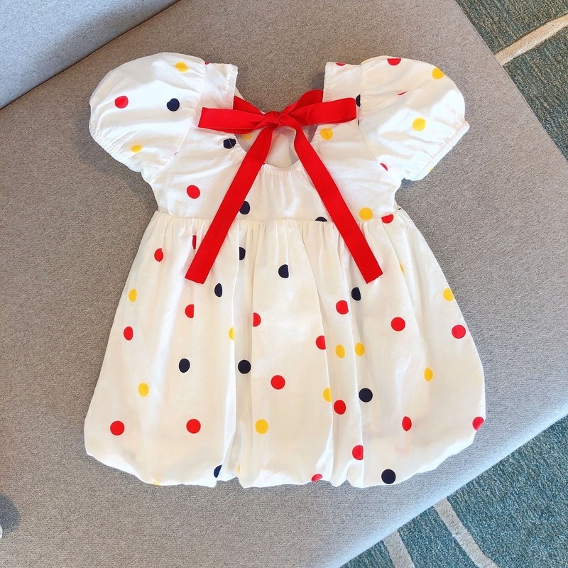 Đầm Công Chúa Bằng Cotton Tay Ngắn Phối Ren Họa Tiết Chấm Bi Thời Trang Mùa Hè Cho Bé Gái