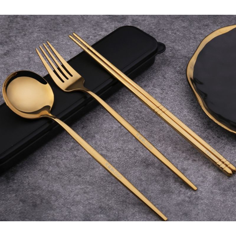 Bộ muỗng đũa nĩa thìa cá nhân phong cách Hàn Quốc mạ vàng, dụng cụ ăn cơm trưa văn phòng