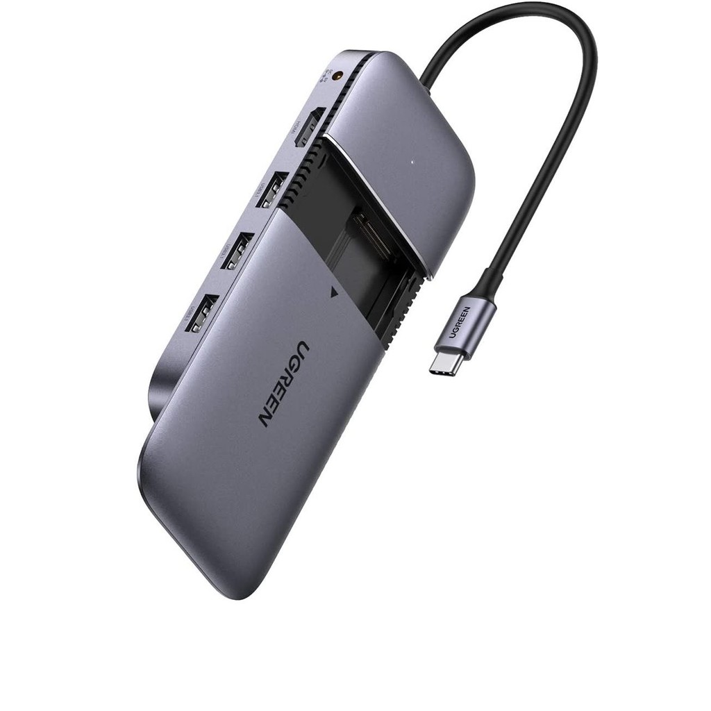 Ugreen 70449 bộ chuyển USB type C ra 3 × USB 3.1 Gen2 + HDMI + PD 100W + cấp nguồn DC + ssd M.2 NGFF CM296