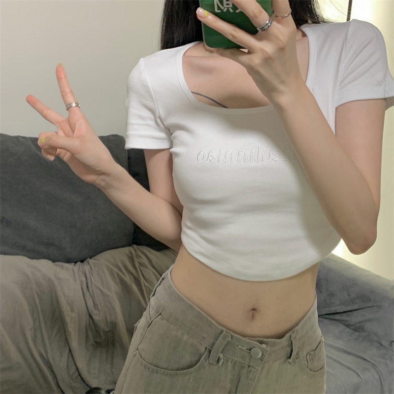 NUZIRO Áo Croptop Tay Ngắn Cổ Vuông Phong Cách Retro Hàn Quốc Cho Nữ