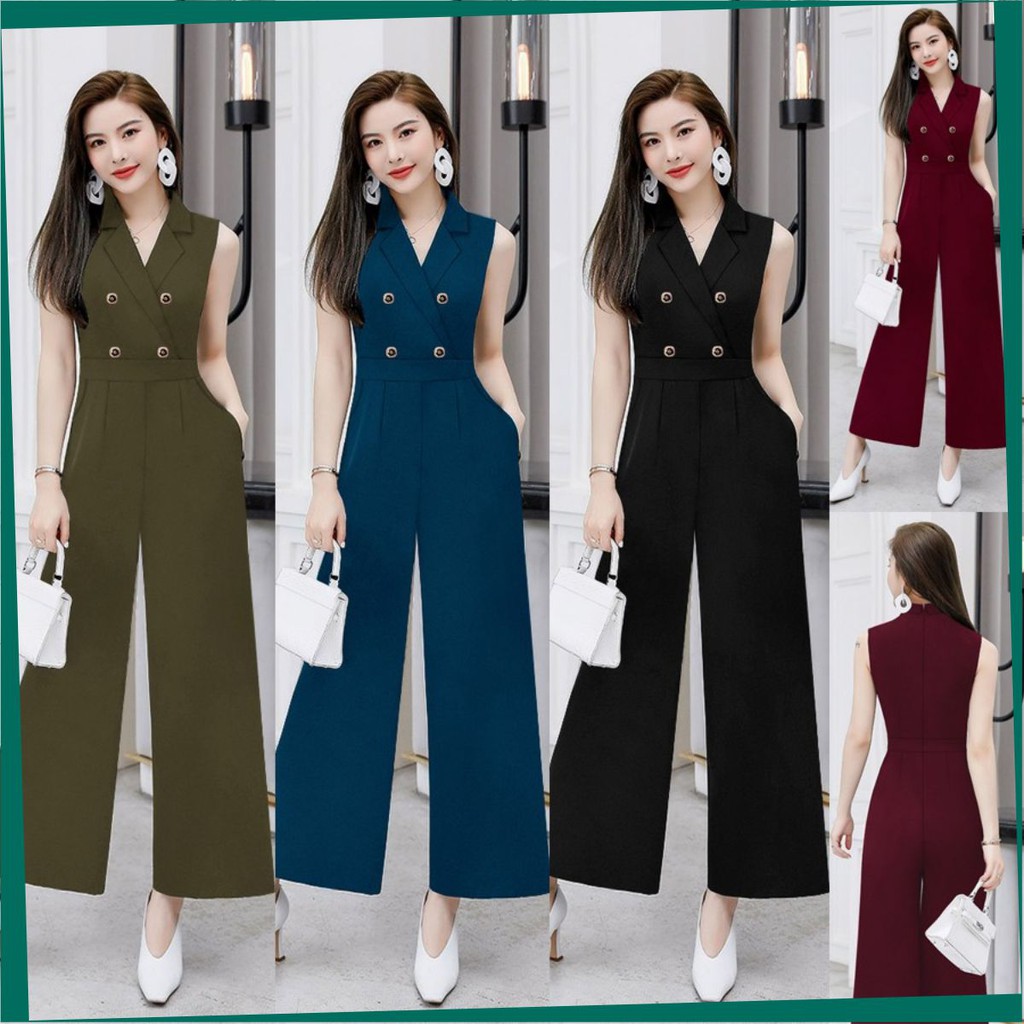 Jumsuit Nữ 🎁FREESHIP🎁 Jum dài ống suông cổ vest phối 4 nút dây kéo lưng xinh xắn Mã số: TJ1114